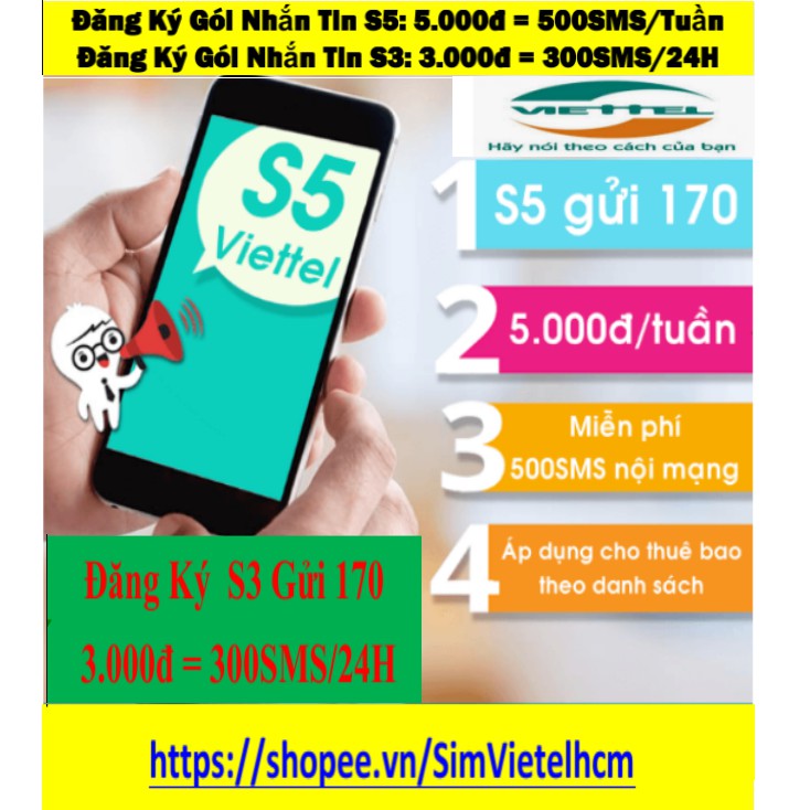 Sim Viettel Đăng Ký Gói Nhắn Tin S5: 5.000Đ = 500Sms/Tuần / Gói S3:  3.000Đ=300 Sms/Ngày | Shopee Việt Nam